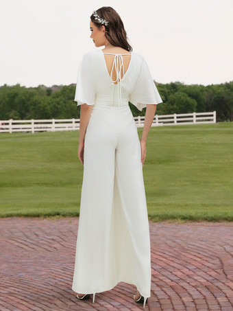 アイボリーブライダルジャンプスーツマキシレングス Aライン Vネック ハーフスリーブ ウェディングジャンプスーツ 自由なカスタマイズ