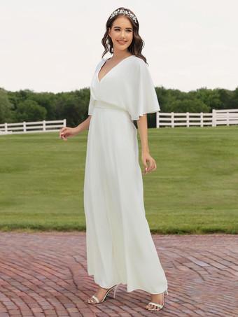 Ivory Bridal Jumpsuit 2024 Floor-Length A-Line V-Neck Half Sleeves Wedding  Jumpsuit Free Customization