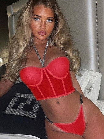 rojo Sujetadores Lencería para mujer Sujetador de poliéster de encaje negro Medias Panty Conjunto de 3 piezas