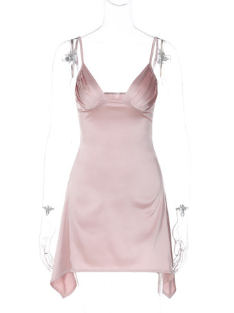 サマードレス Vネック プリーツ バックレス ピンク ミニ丈 ビーチドレス