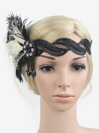 ブラックフラッパーヘッドバンド　2025　グレート・ギャツビー　1920年代　コスチューム　フェザー　ヘッドピース女性　ヴィンテージ　アクセサリーハロウィン