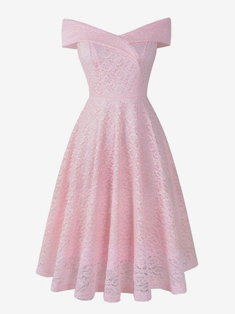 ピンク レースドレス ダークネイビー Vネック ノースリーブ オープンショルダー レース 中空 レトロ グラマー ラップドレス ワインレッド