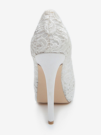 ウェディングシューズ レースピープトウスティレットヒールプラットフォームブライダルシューズ ホワイト