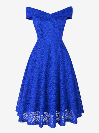 ブルー レースドレス ダークネイビー Vネック ノースリーブ オープンショルダー レース 中空 レトロ グラマー ラップドレス ワインレッド