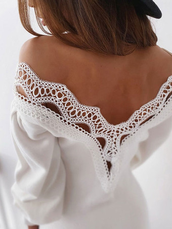 女性のボディコンドレスホワイトVネックロングスリーブカジュアルペンシルドレス