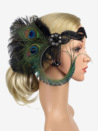 グリーン 羽毛フラッパーヘッドピース1920年代のグレートギャツビーヘッドバンド女性レトロヘアアクセサリーハロウィーン