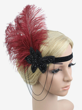 バーガンディーフラッパーヘッドバンド　2025　1920sコスチューム　グレート・ギャツビー　フェザー　ヘッドピース　ワインレッド女性　ヴィンテージアクセサリーハロウィン