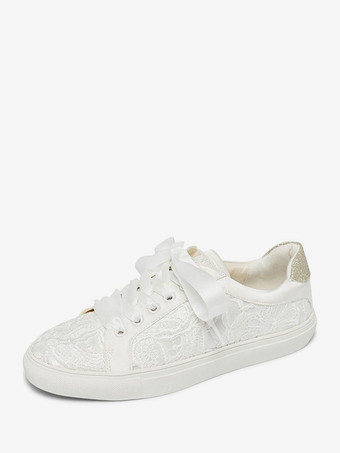 女性の結婚式の靴キャンバス ラウンド トゥ フラット ブライダル スニーカー シューズ