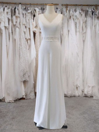 アイボリーブライダルジャンプスーツ レース フロアレングス Aライン Vネック ノースリーブ ウエスト上げジャンプスーツ