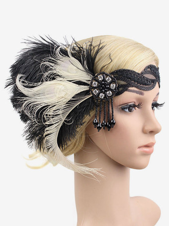 アイボリー 羽毛フラッパーヘッドピース1920年代のグレートギャツビーヘッドバンド女性レトロヘアアクセサリーハロウィーン
