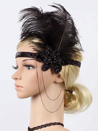 ブラック フラッパーヘッドバンド　2025　1920sコスチューム　グレート・ギャツビー　フェザー　ヘッドピース　ワインレッド女性　ヴィンテージアクセサリーハロウィン