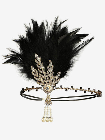 ブラック 1920年代グレートギャツビーアクセサリーフラッパードレスヘッドバンド赤羽ラインストーンヘアピース
