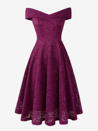 パープル レースドレス ダークネイビー Vネック ノースリーブ オープンショルダー レース 中空 レトロ グラマー ラップドレス ワインレッド