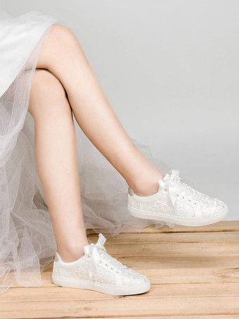 女性の結婚式の靴キャンバス ラウンド トゥ フラット ブライダル スニーカー シューズ