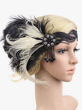 ブラックフラッパーヘッドバンド　2025　グレート・ギャツビー　1920年代　コスチューム　フェザー　ヘッドピース女性　ヴィンテージ　アクセサリーハロウィン