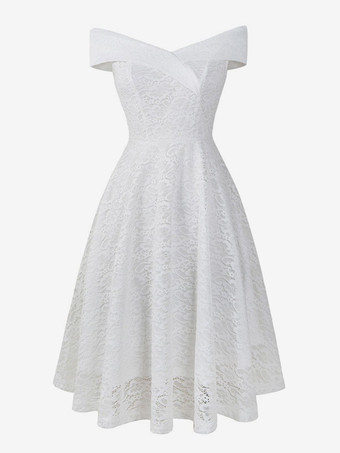 ホワイト レースドレス ダークネイビー Vネック ノースリーブ オープンショルダー レース 中空 レトロ グラマー ラップドレス ワインレッド