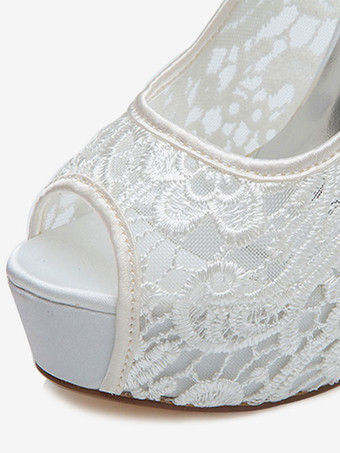 ウェディングシューズ レースピープトウスティレットヒールプラットフォームブライダルシューズ ホワイト
