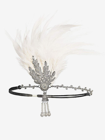 ホワイト 1920年代グレートギャツビーアクセサリーフラッパードレスヘッドバンド赤羽ラインストーンヘアピース