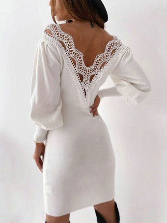 女性のボディコンドレスホワイトVネックロングスリーブカジュアルペンシルドレス