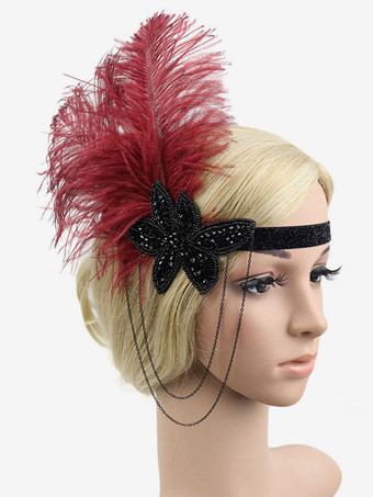 フラッパーヘッドバンド　2025　1920sコスチューム　グレート・ギャツビー　フェザー　ヘッドピース　ワインレッド女性　ヴィンテージアクセサリーハロウィン