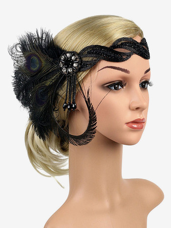 Carnevale Copricapo di piume con fiocco Anni 1920 Great Gatsby Headband Donna Accessori per capelli retrò Halloween