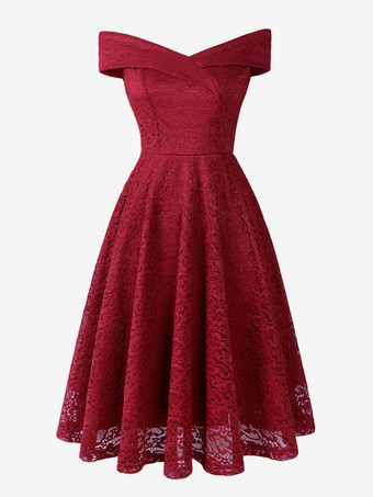 バーガンディーレースドレス ダークネイビー Vネック ノースリーブ オープンショルダー レース 中空 レトロ グラマー ラップドレス ワインレッド