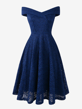 ダークネイビーレースドレス ダークネイビー Vネック ノースリーブ オープンショルダー レース 中空 レトロ グラマー ラップドレス ワインレッド