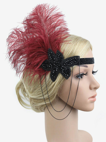フラッパーヘッドバンド　2025　1920sコスチューム　グレート・ギャツビー　フェザー　ヘッドピース　ワインレッド女性　ヴィンテージアクセサリーハロウィン
