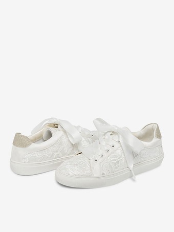 女性の結婚式の靴キャンバス ラウンド トゥ フラット ブライダル スニーカー シューズ