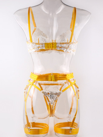 Lingerie Bra Reggiseni Donna Giallo Stampa Floreale Poliestere Pizzo 3 Pezzi Sexy Biancheria Intima Calda