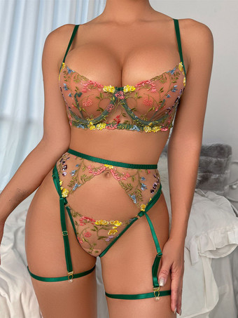グリーン ブラジャー ランジェリー ブラジャー女性のためのライト スカイ ブルー花柄レース ポリエステル セクシー な ホット下着