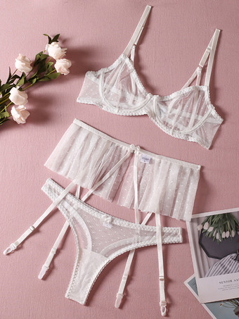 ランジェリー ブラジャー ブラジャー 女性用 ホワイト ポリエステル レース 3ピース セクシー ホット 下着