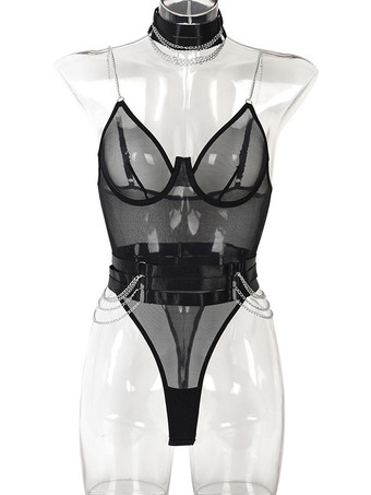 Teddies Lingerie Black Metal Details Women Sexy Teddies