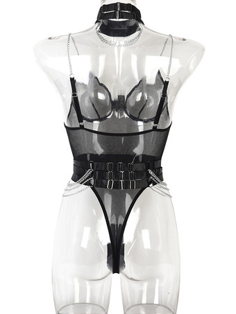 Teddies Lingerie Black Metal Details Women Sexy Teddies