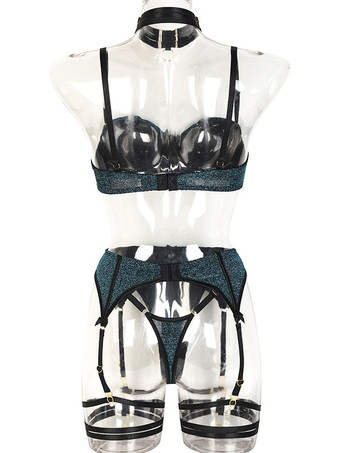 ブラジャー パンティ セット ブラック メタル ディテール 4 ピース 取り外し可能 カップル用 セクシー ランジェリー
