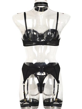 ブラジャー パンティ セット ブラック メタル ディテール 4 ピース 取り外し可能 カップル用 セクシー ランジェリー