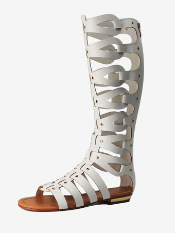 ホワイト グラディエーターサンダル　無地　オープントゥ　PU　女の子用　快適　カジュアル　フラットヒール　