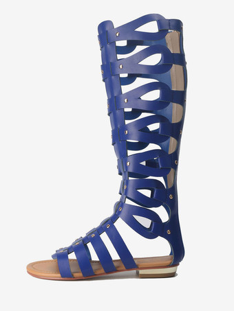 ロイヤルブルーグラディエーターサンダル　無地　オープントゥ　PU　女の子用　快適　カジュアル　フラットヒール　