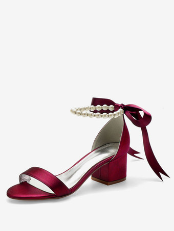 ワインレッド 結婚式の靴ホワイトサテン弓先のとがったつま先のバックレースの弓ブライダルシューズ