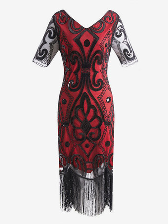 レッド 女性フラッパードレスフリンジスパンコール 1920 年代グレートギャツビー衣装ヴィンテージ 20 s パーティードレス バーガンディ