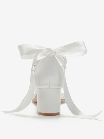 結婚式の靴ホワイトサテン弓先のとがったつま先のバックレースの弓ブライダルシューズ