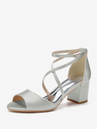 シルバー レディースヒールパピーヒールオープントゥPUレザーサテンサンダルローズアンクルストラップヒール