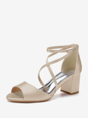 シャンパンカラーレディースヒールパピーヒールオープントゥPUレザーサテンサンダルローズアンクルストラップヒール