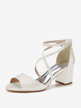 アイボリー レディースヒールパピーヒールオープントゥPUレザーサテンサンダルローズアンクルストラップヒール
