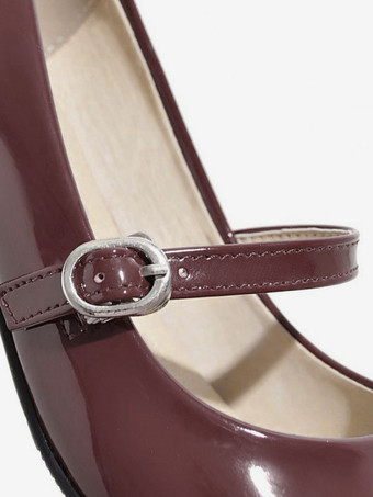 女性レッドミッドローヒールラウンドトゥPUレザープリティパンプスヒールシューズ