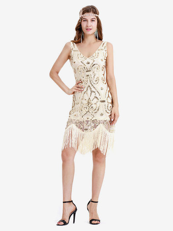 華麗なるギャツビー ドレス アプリコット フリンジ スパンコール ヴィンテージ 1920 年代 ファッション スタイル フラッパー ドレス 衣装