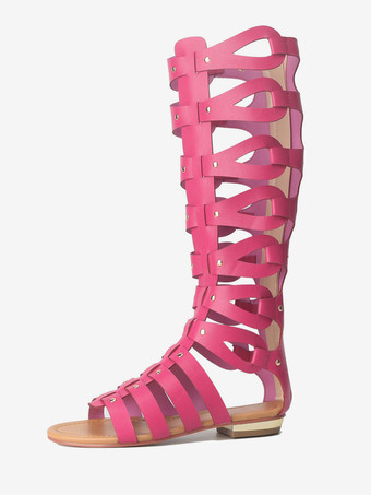 ローズレッドグラディエーターサンダル　無地　オープントゥ　PU　女の子用　快適　カジュアル　フラットヒール　