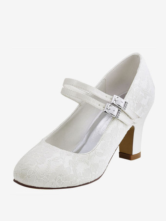Zapatos de novia de seda sintética Zapatos de Fiesta de tacón gordo Zapatos marfil Zapatos de boda de puntera redonda 5.5cm de encaje