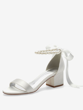 結婚式の靴ホワイトサテン弓先のとがったつま先のバックレースの弓ブライダルシューズ