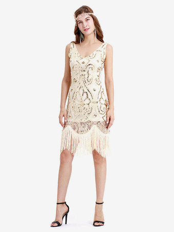 華麗なるギャツビー ドレス アプリコット フリンジ スパンコール ヴィンテージ 1920 年代 ファッション スタイル フラッパー ドレス 衣装